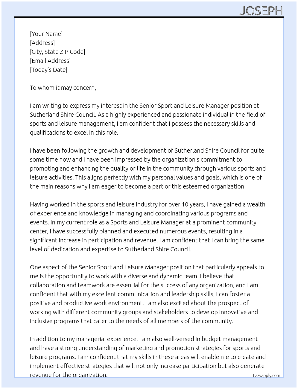 Senior Sport and Leisure Manager At Sutherland Shire Council Cover Letter