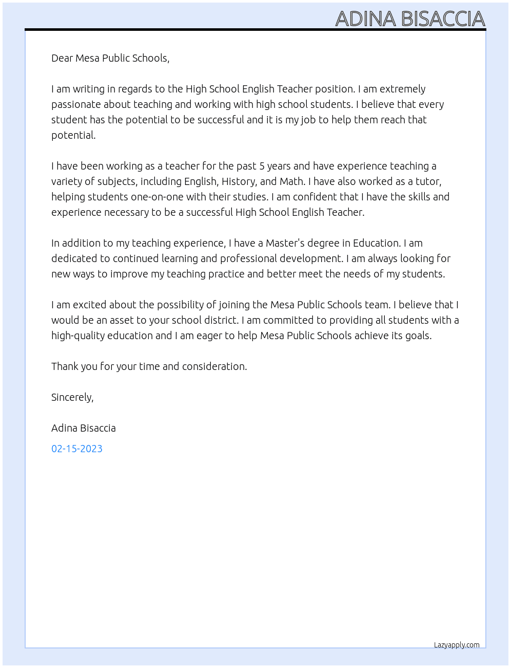 High School English Teacher At Mesa Public Schools Cover Letter