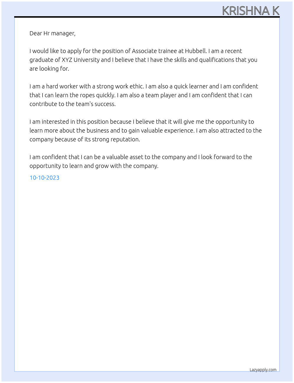 Associate trainee At Hubbell Cover Letter