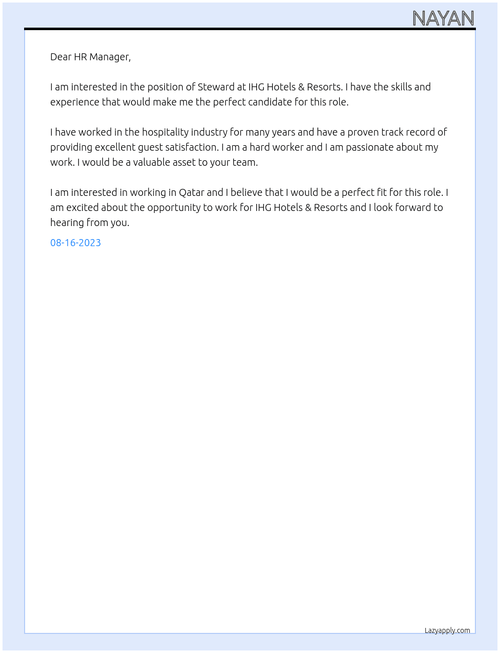 Steward At IHG Hotels & Resorts Cover Letter