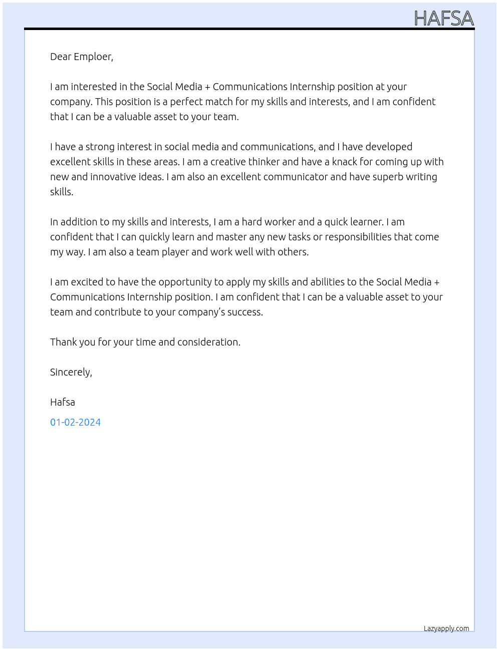 Intern  At pplying for Social Media + Communications Internshi Cover Letter