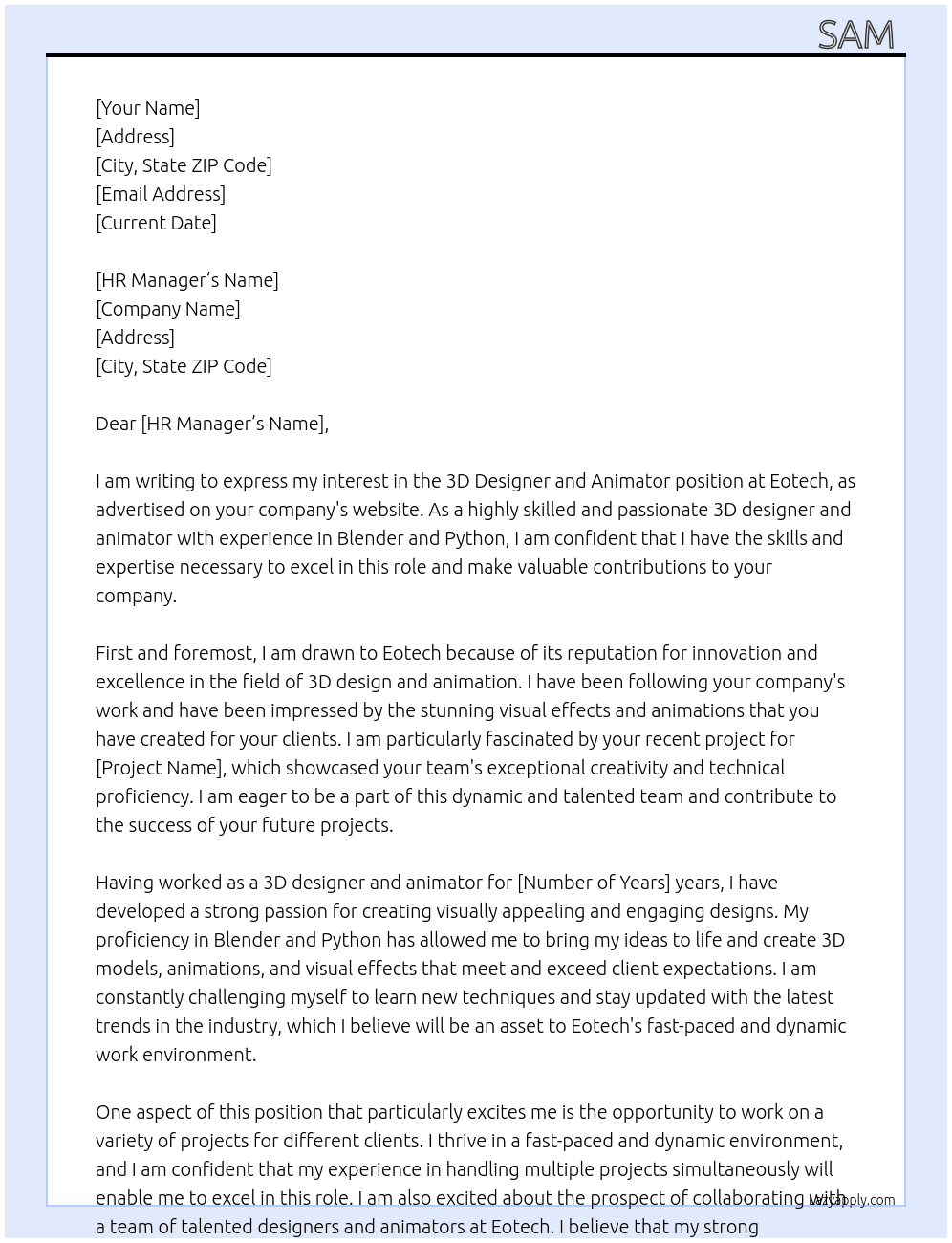 3D designers and animator  At Eotech  Cover Letter