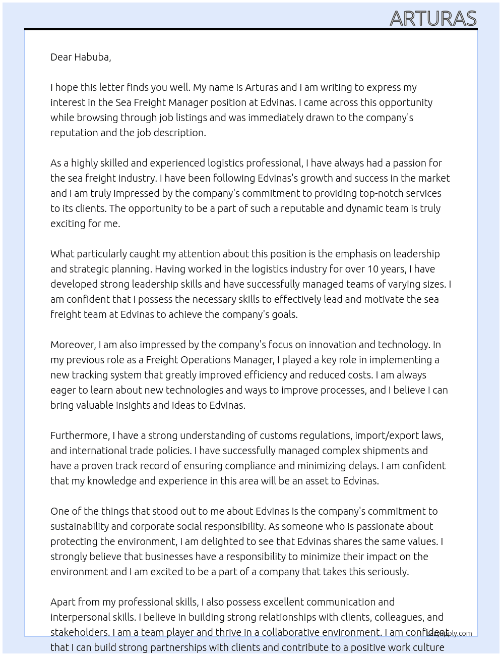 Sea freight manager At Edvinas Cover Letter