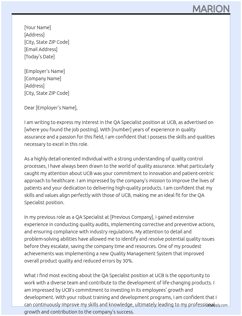 QA Specialist At UCB Cover Letter