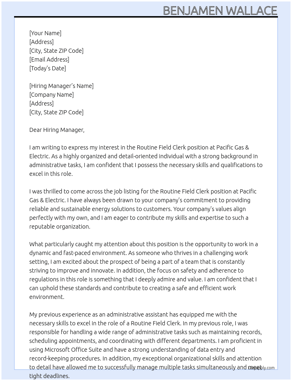 Routine field clerk At Pacific Gas & Electric  Cover Letter