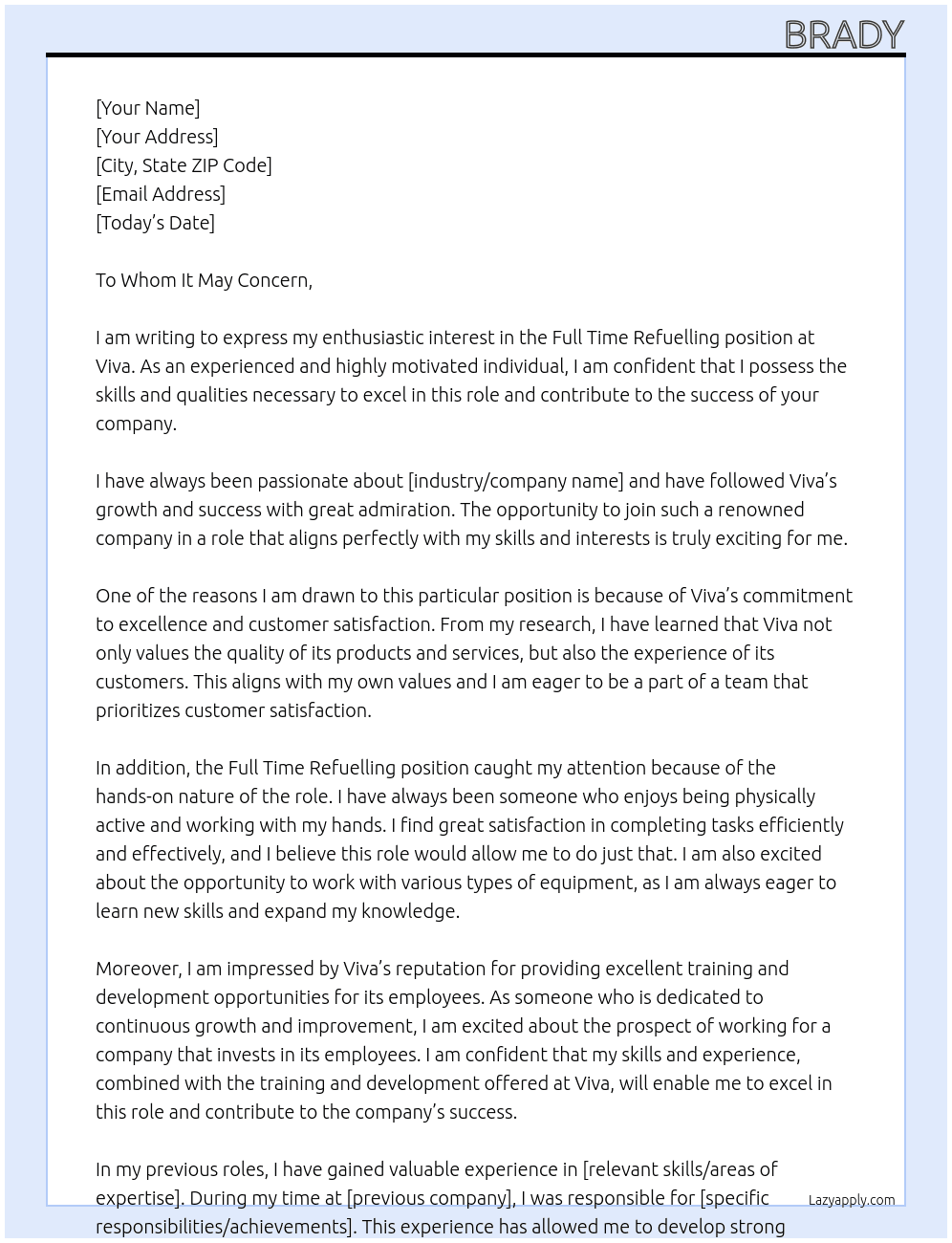 Full time refuelling position At Viva Cover Letter