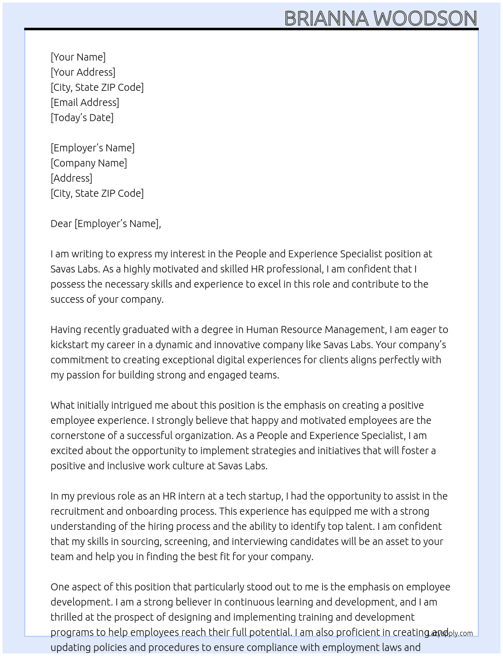 People and Experience Specialist At Savas Labs Cover Letter
