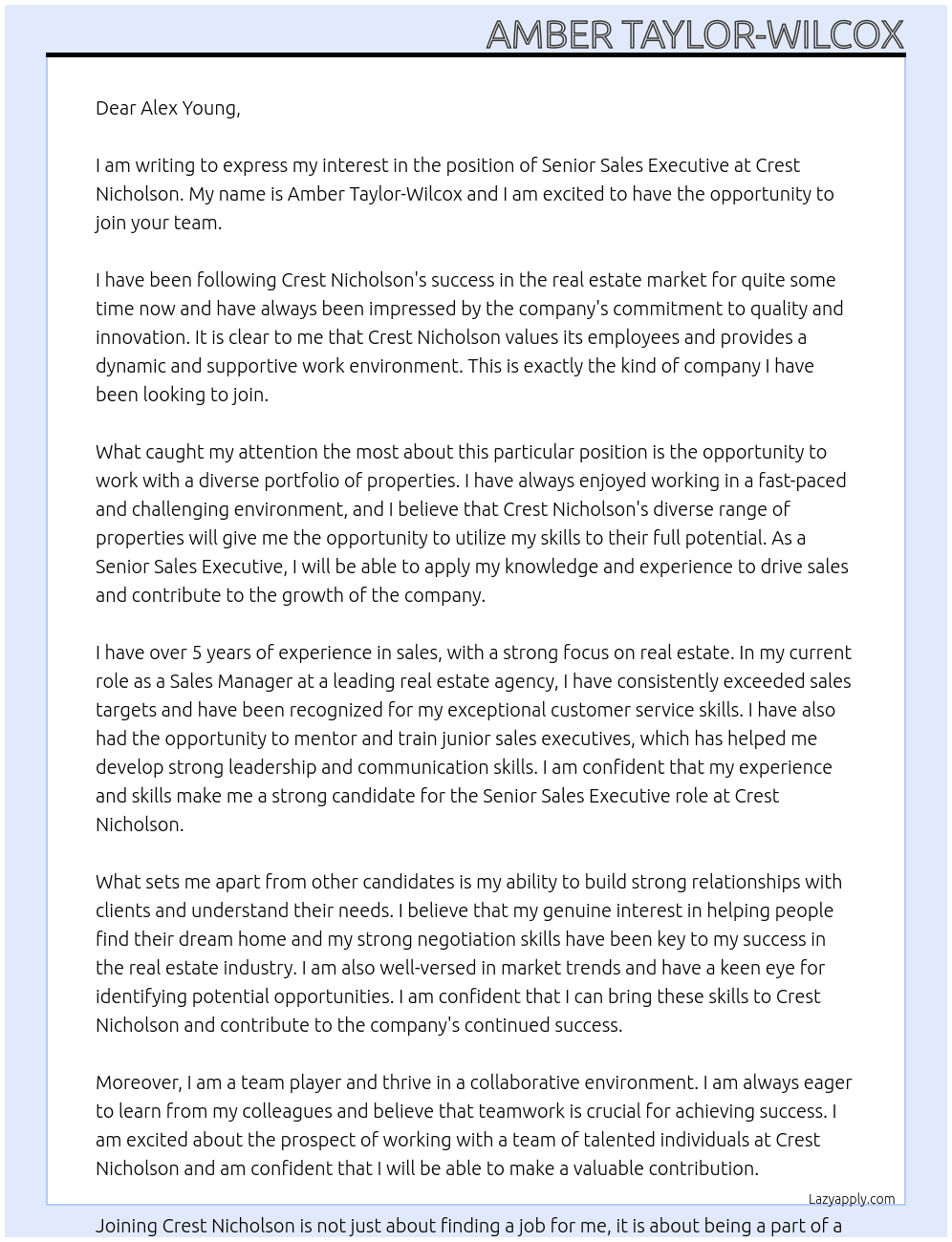 Senior Sales Executive  At Crest Nicholson Cover Letter