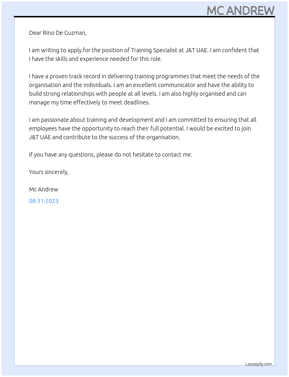 Training Specialist At J&T UAE Cover Letter