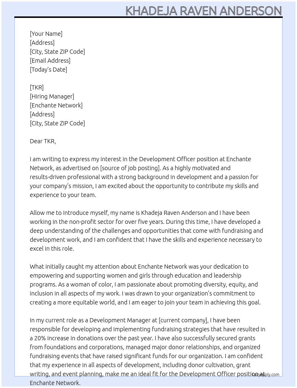 development officer At enchante network Cover Letter
