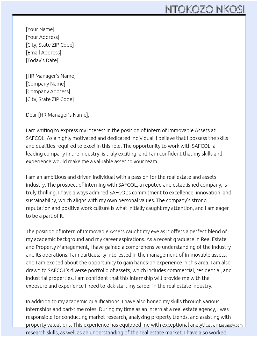 Intern immovable assets At SAFCOL Cover Letter