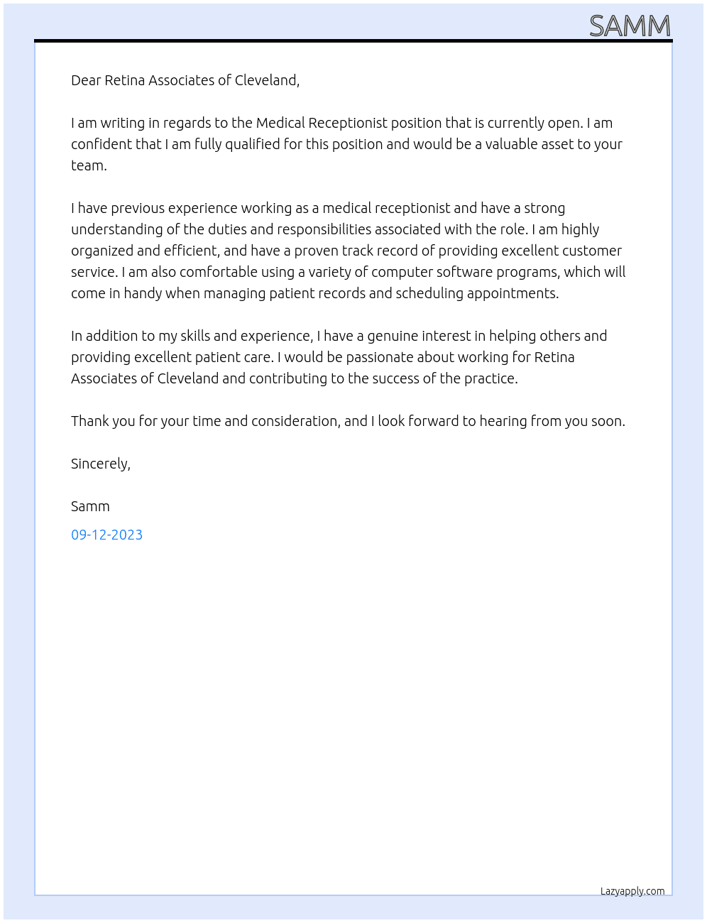 Medical Receptionist At Retina Associates of Cleveland Cover Letter
