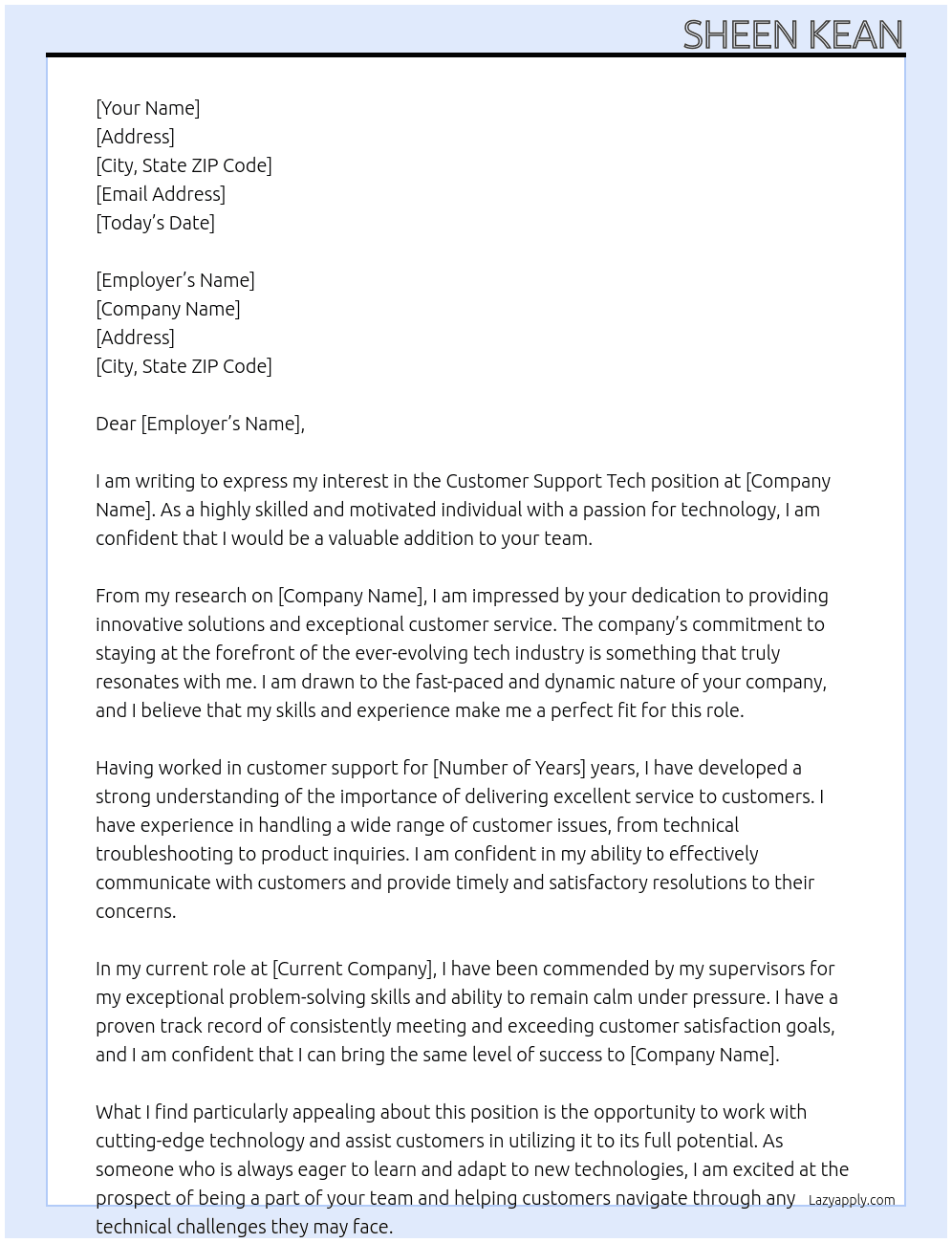 Customer support tech At Tech company Cover Letter