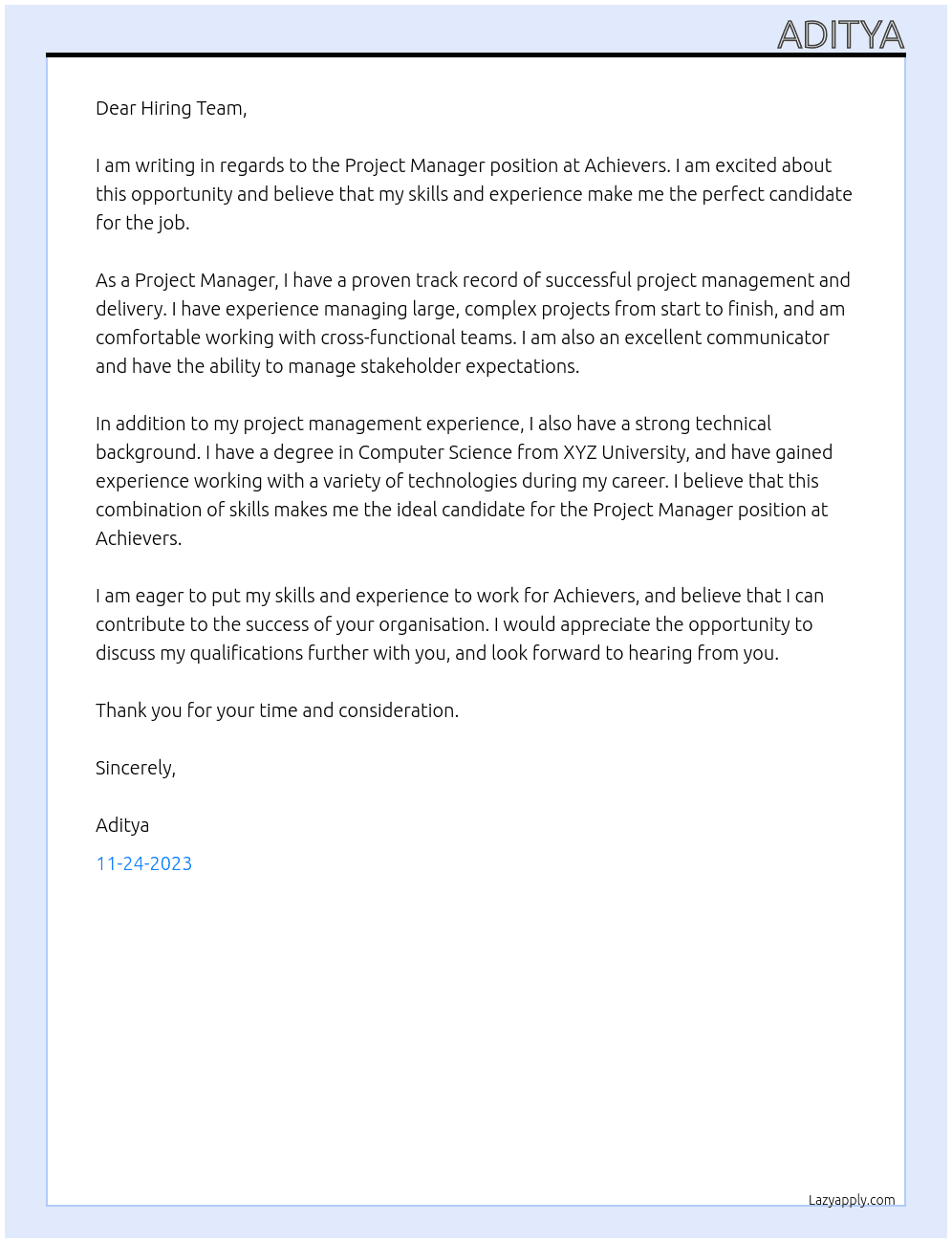 Project Manager At Achievers Cover Letter