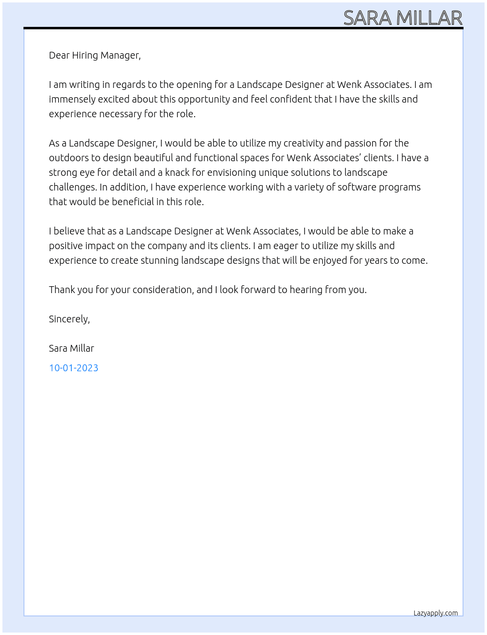 Landscape Designer At Wenk Associates  Cover Letter