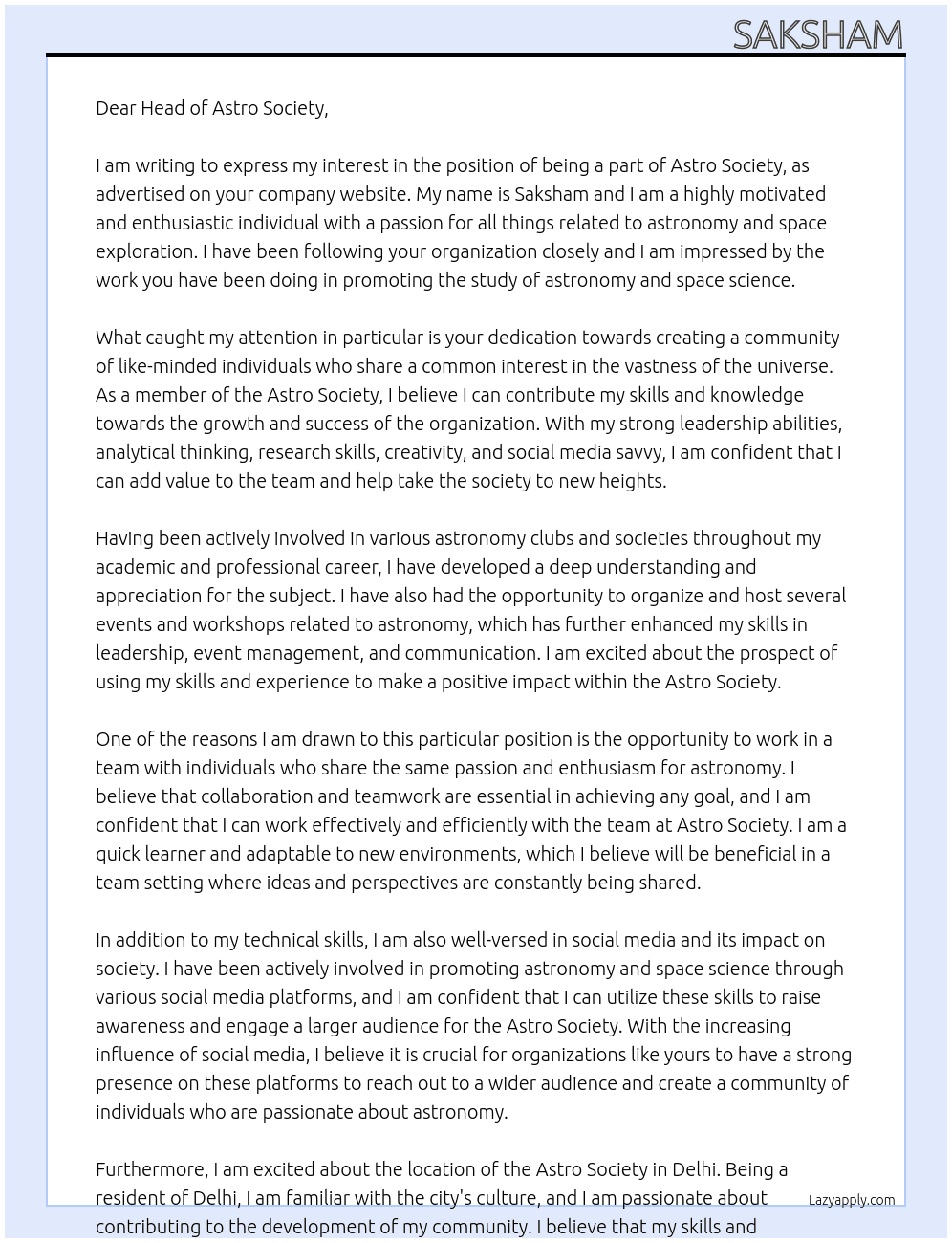 TO BE A PART OF ASTRO SOCIETY  At ASRTO SOCIETY  Cover Letter
