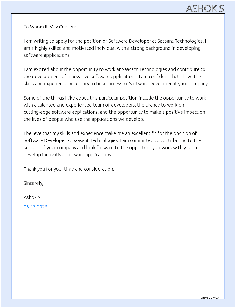 Software Developing  At Saasant Technologies  Cover Letter