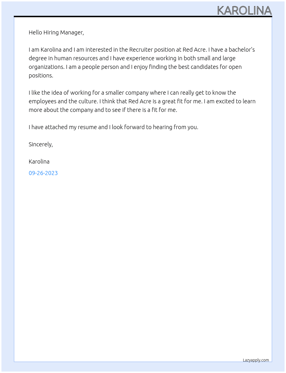 Recruiter At Red Acre Cover Letter