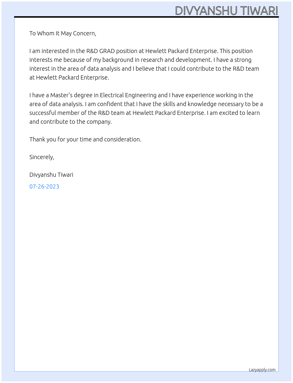 R&D GRAD At Hewlett Packard Enterprise Cover Letter