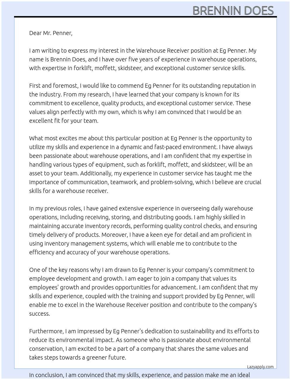 Warehouse receiver  At Eg penner  Cover Letter