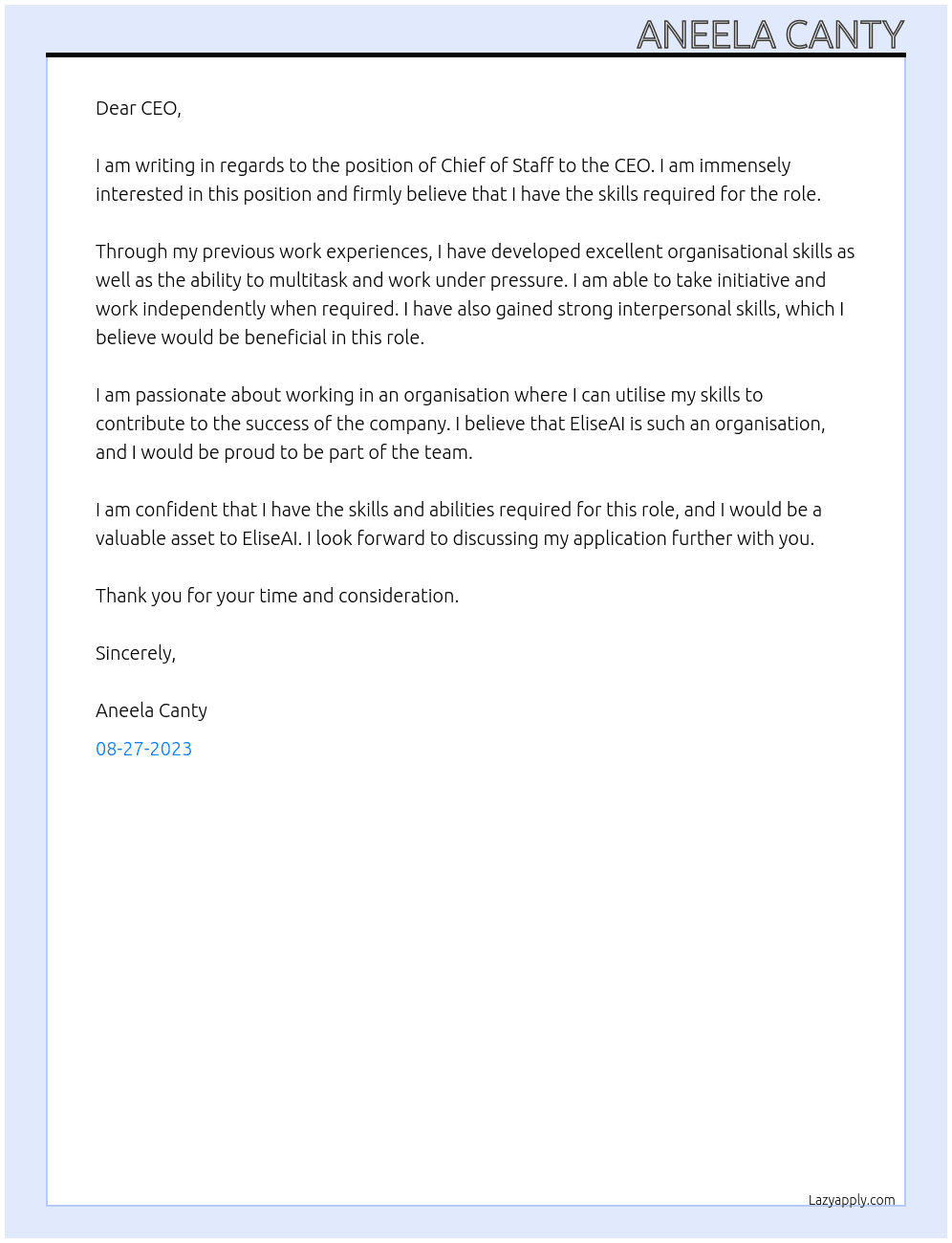 Chief of Staff to CEO At EliseAI Cover Letter