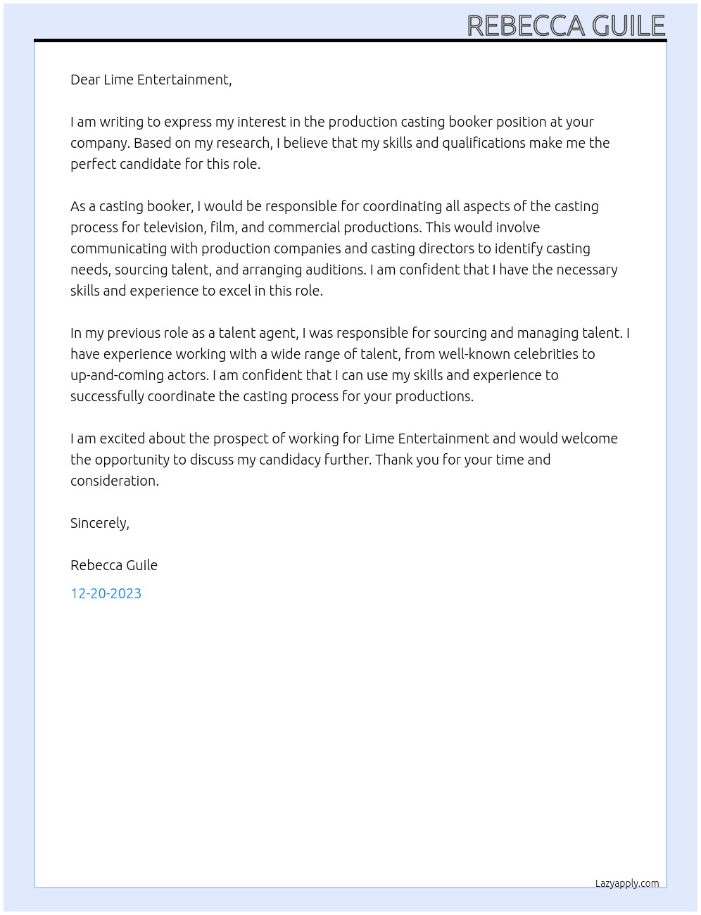 Production casting booker At  Like  Cover Letter