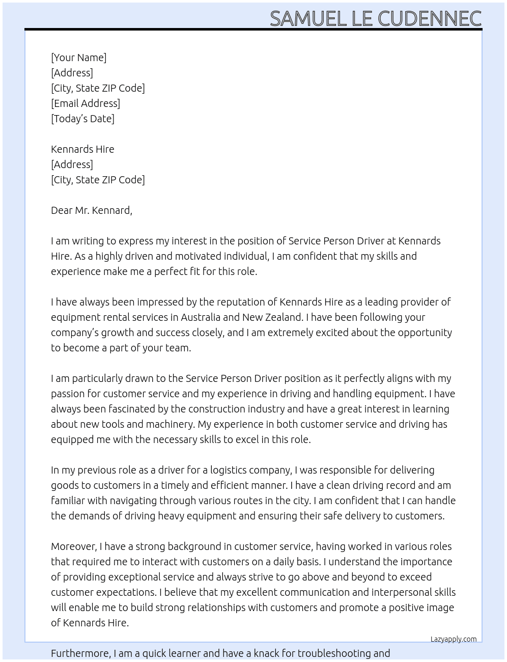 Service Person Driver At Kennards Hire Cover Letter