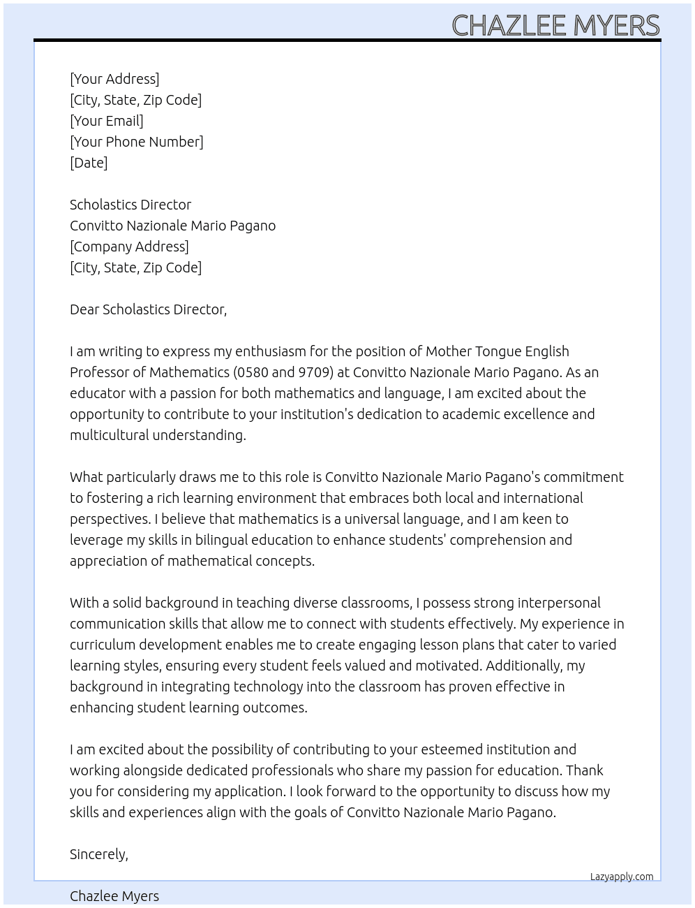 Mother Tongue English Professor of Mathematics (0580 and 9709) At Convitto Nazionale Mario Pagano Cover Letter