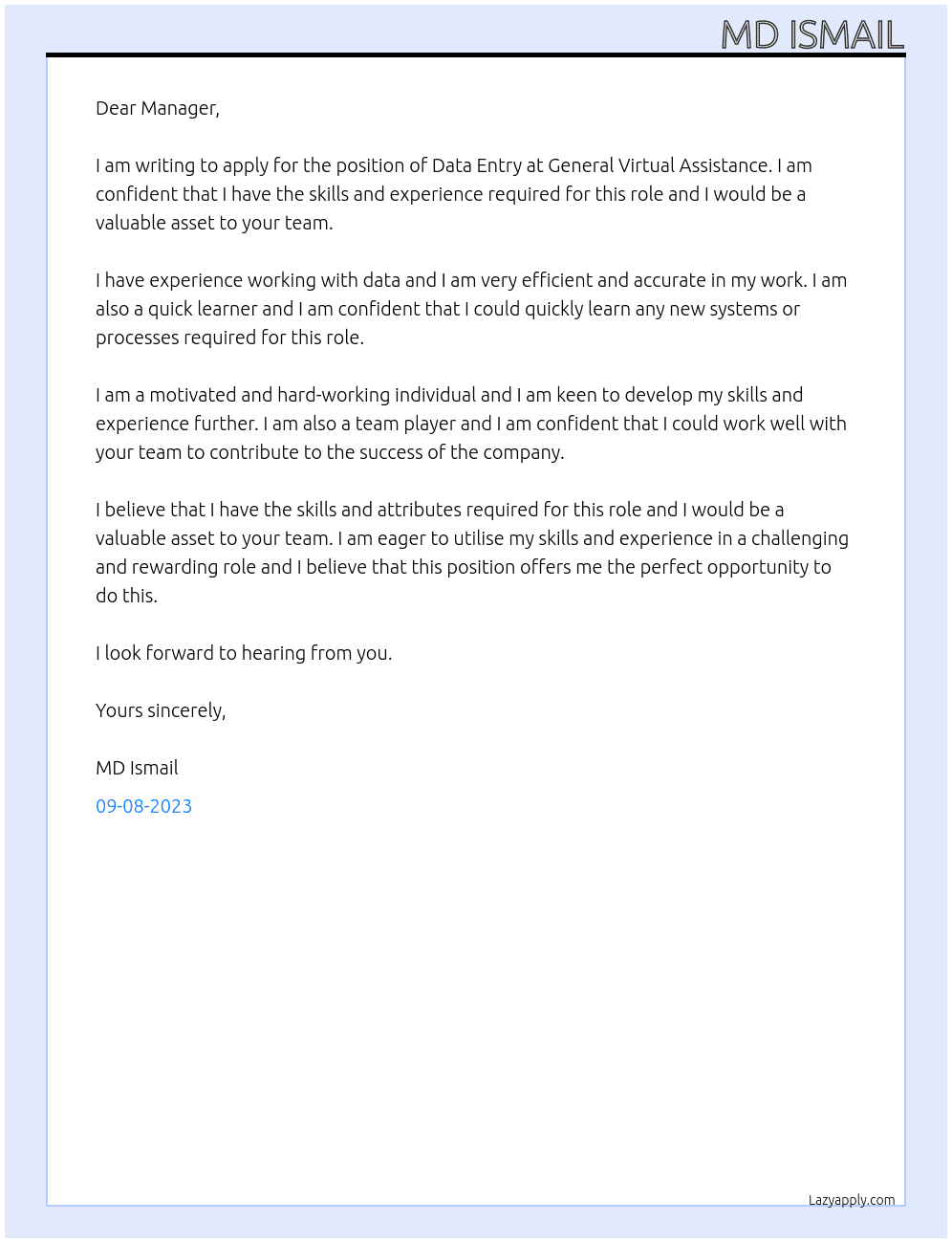 Data Entry At General Virtual Assistance Cover Letter