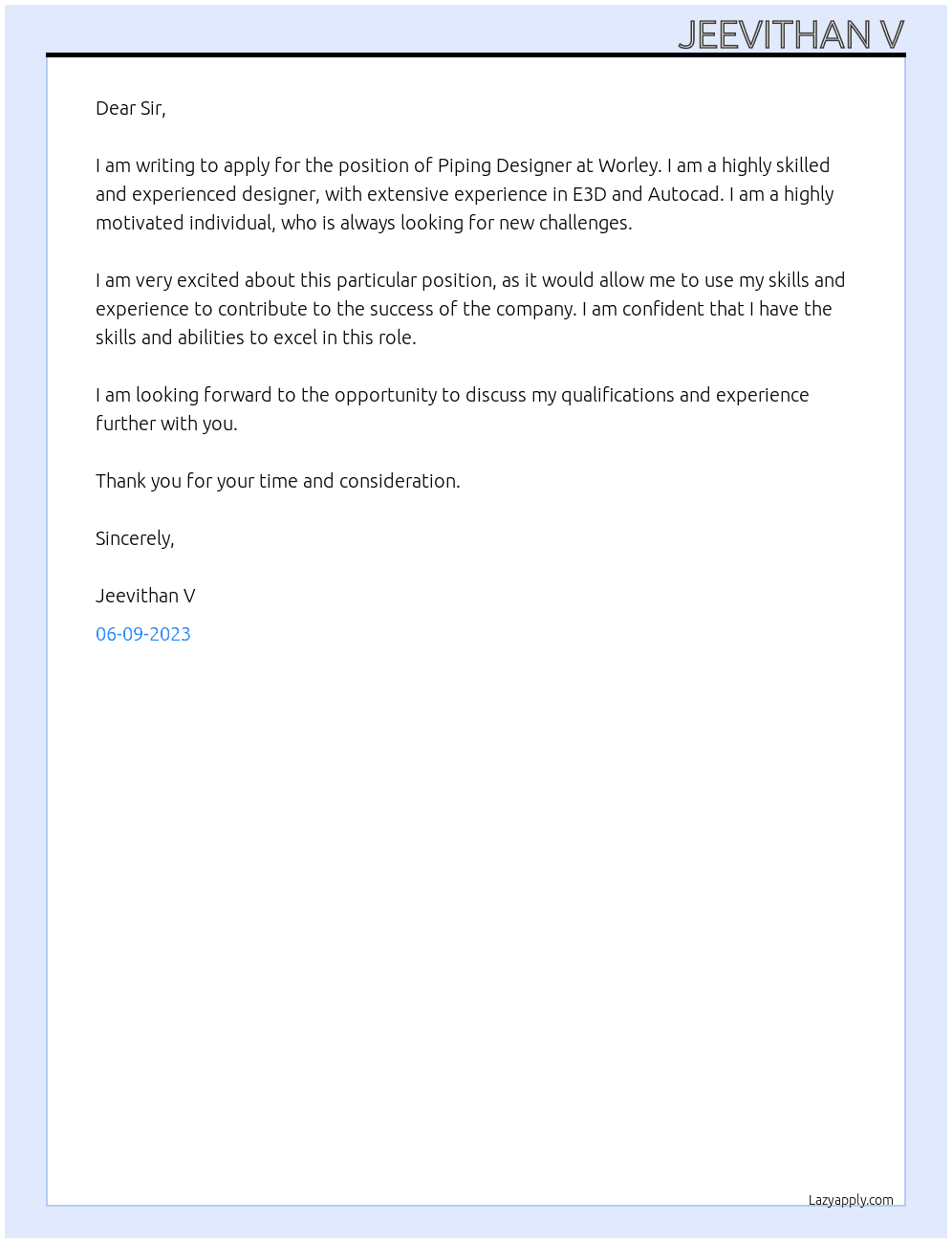 Piping designer At WORELY  Cover Letter
