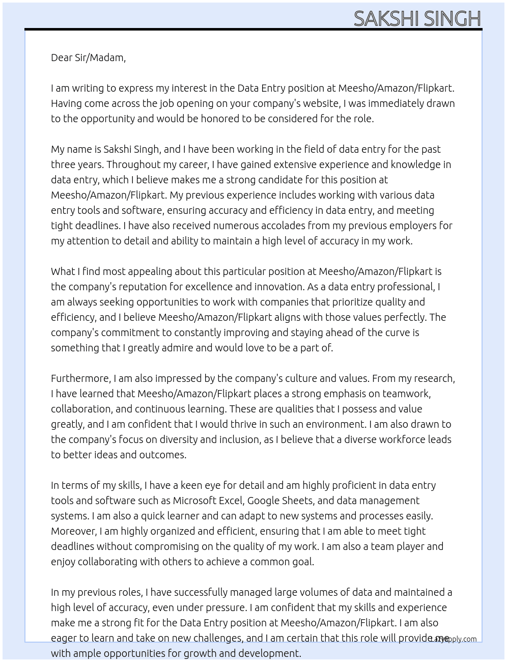 Data entry  At meesho/Amazon/ Flipkart  Cover Letter