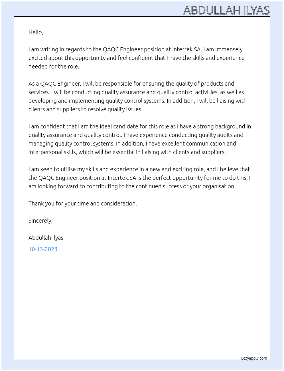 QAQC ENGINEER At Intertek.SA Cover Letter
