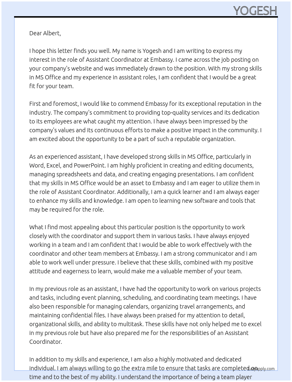Assistant coordinator  At Embassy Cover Letter