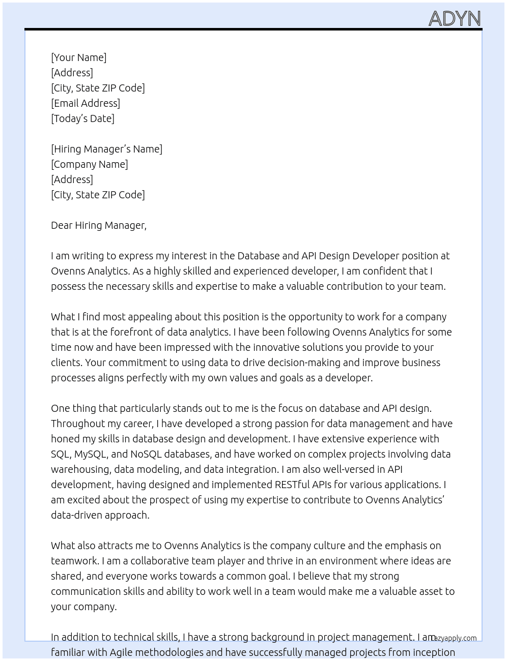 Cover letter for database and api design developer - LazyApply