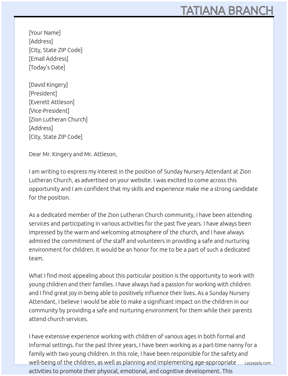 Sunday Nursery Attendant At Zion Lutheran Church Cover Letter