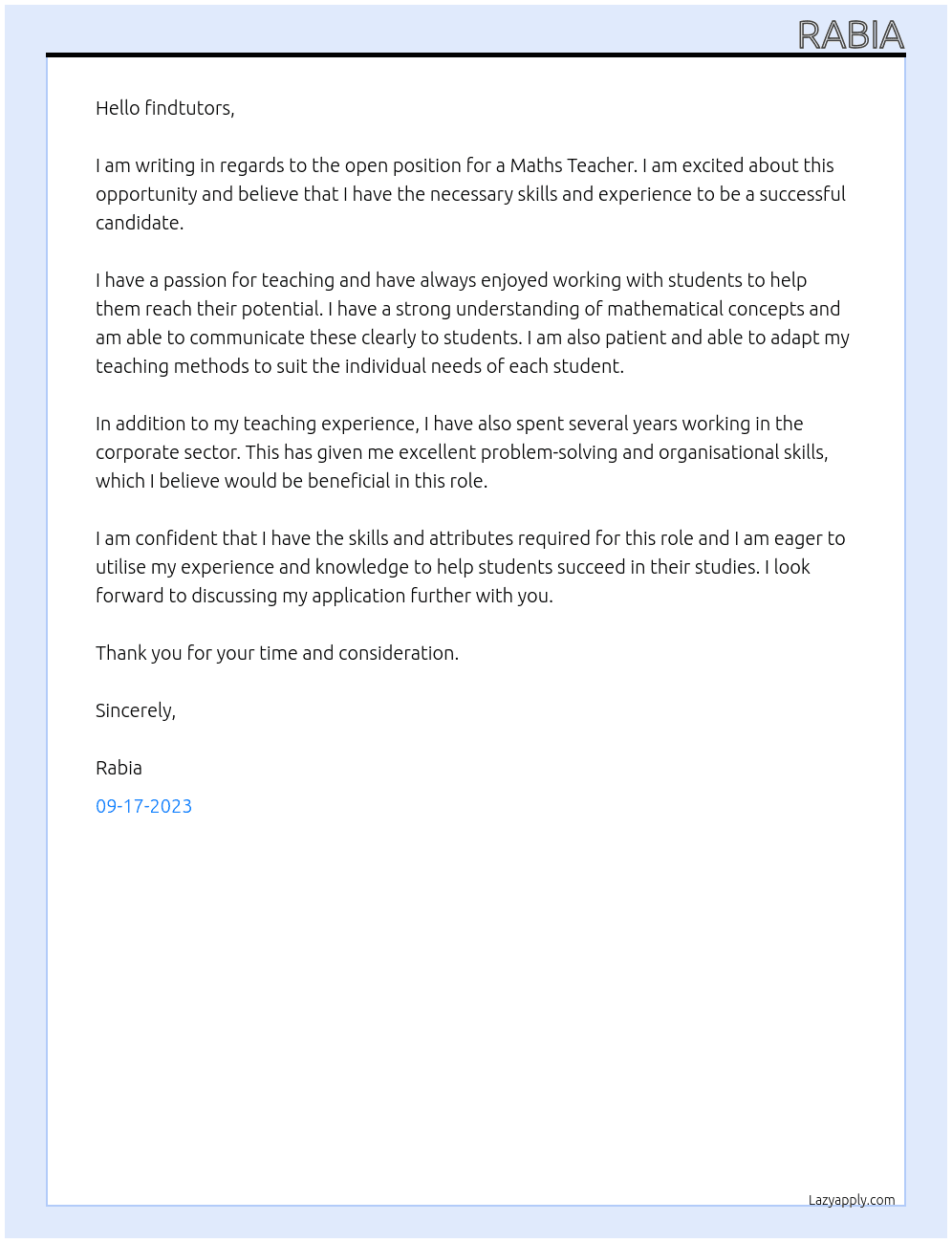 Maths Teacher At findtutors Cover Letter