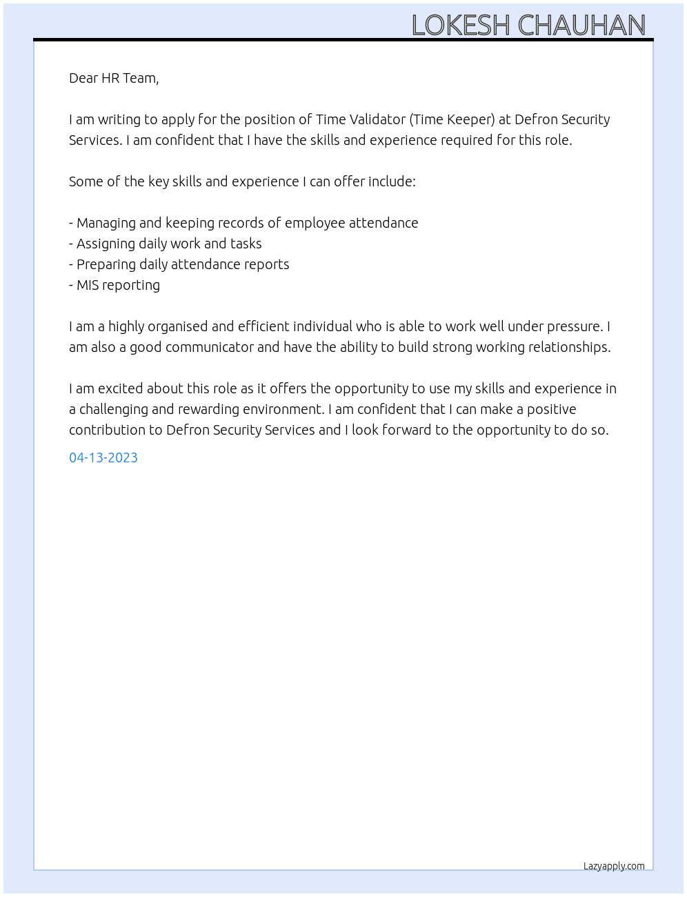 Time Validator (Time Keeper) At Defron Security Services Cover Letter