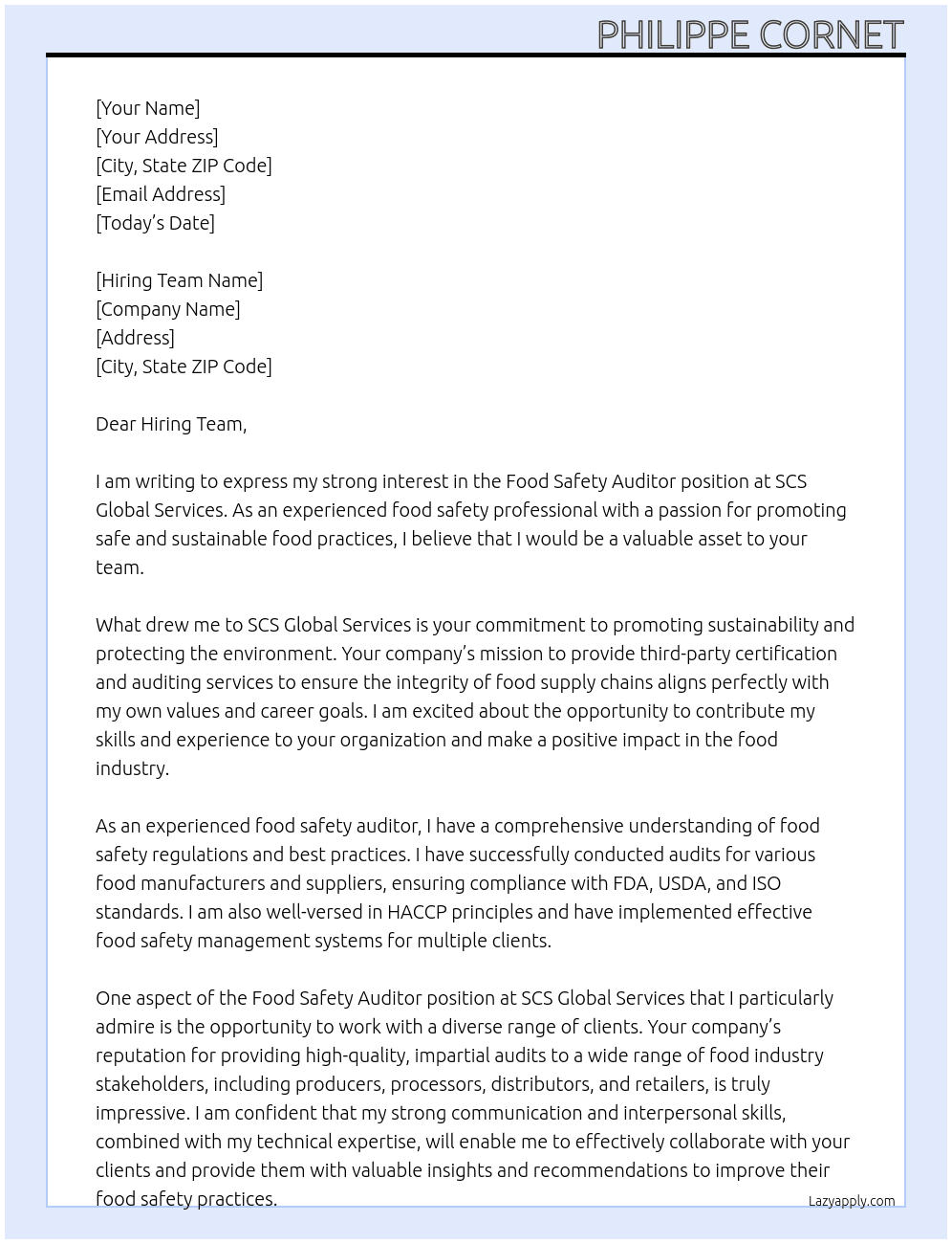 Food Safety Auditor At SCS Global services Cover Letter