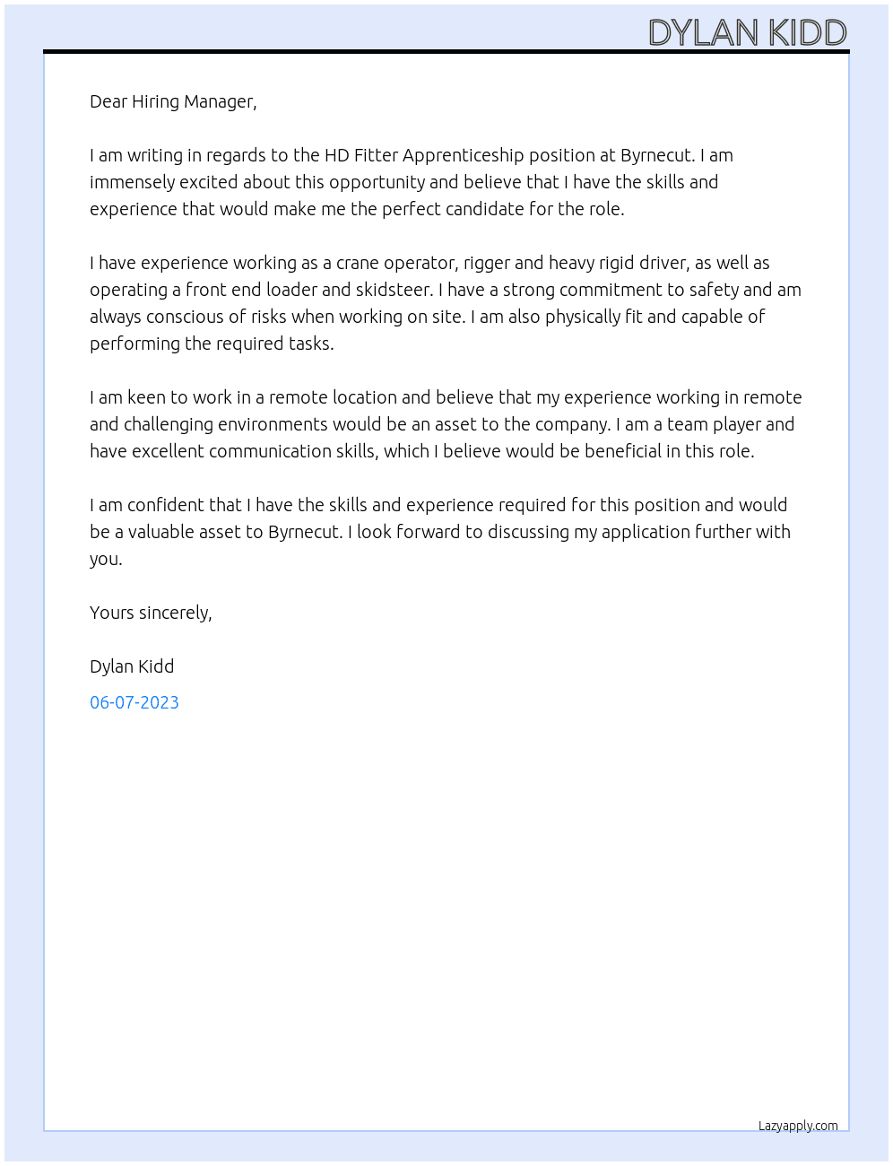 HD Fitter Apprenticeship  At Byrnecut  Cover Letter