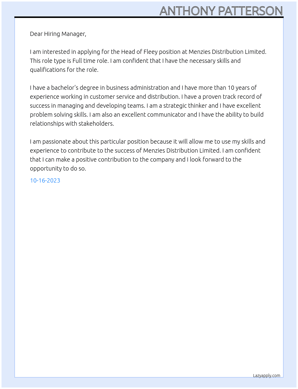 Head of Fleey At Menzies Distribution Limited Cover Letter