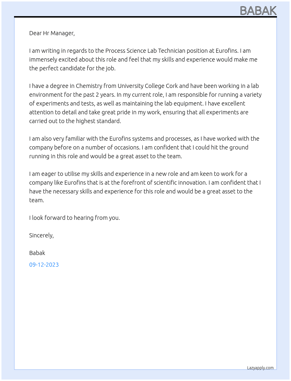 Process Science Lab Technician At Eurofins  Cover Letter