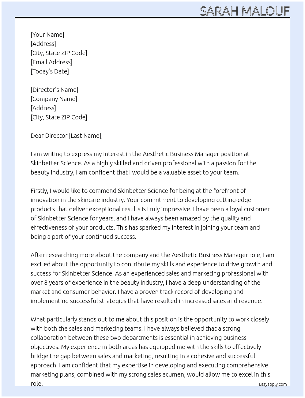 Aesthetic Business Manager At Skinbetter Science Cover Letter
