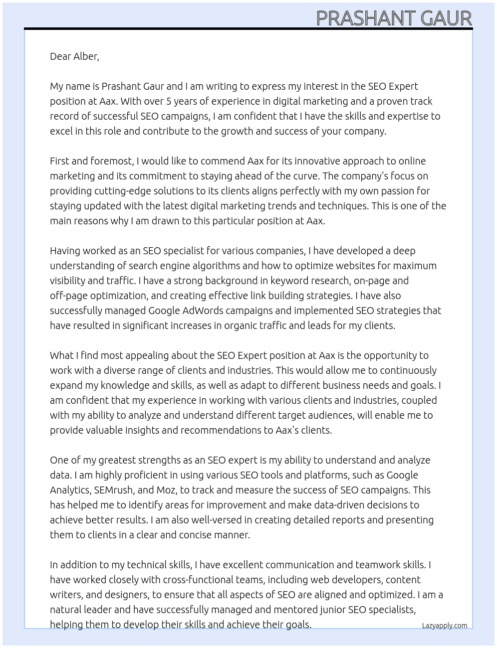 Cover letter for seo expert - LazyApply