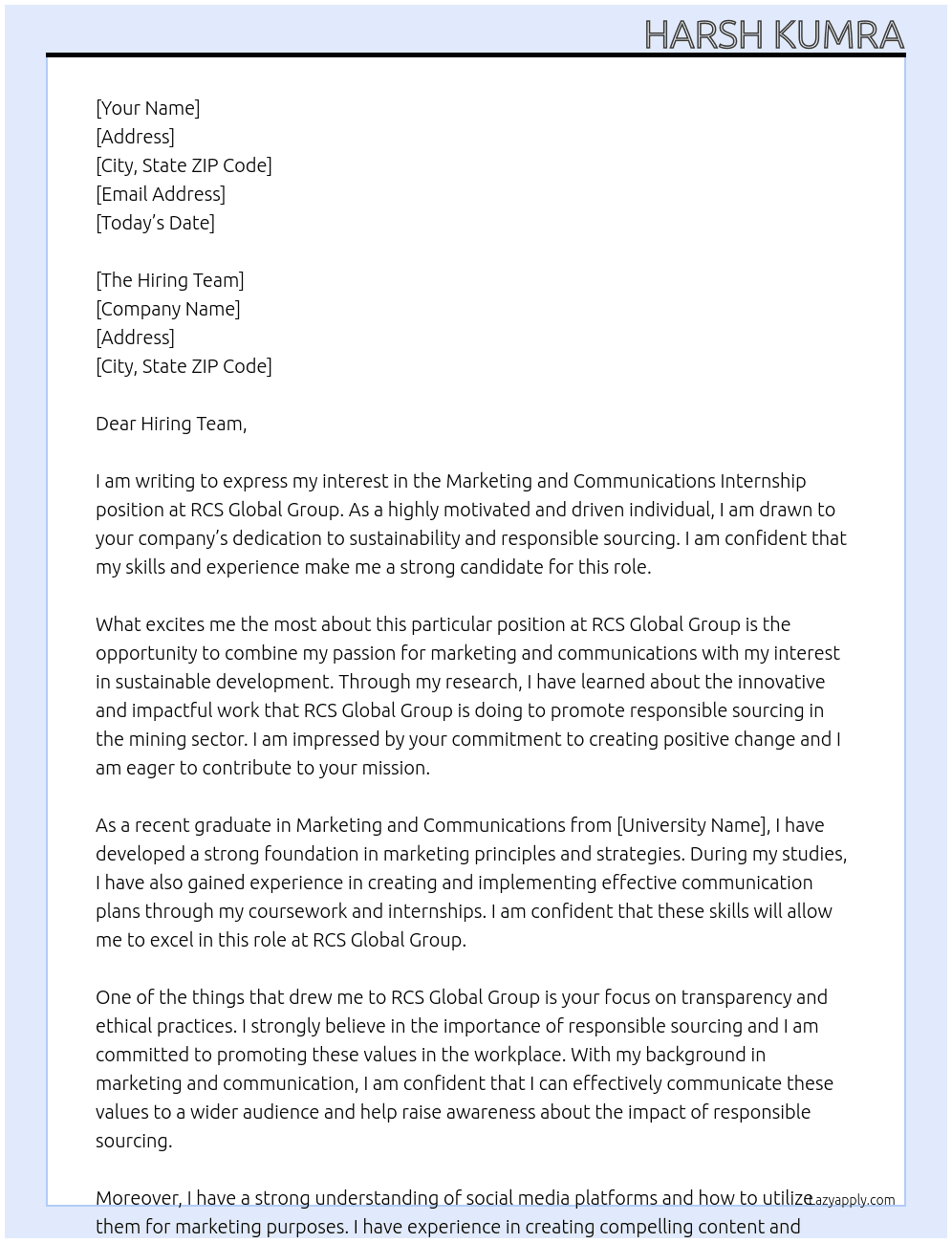 Marketing and Communications Internship At RCS Global Group Cover Letter