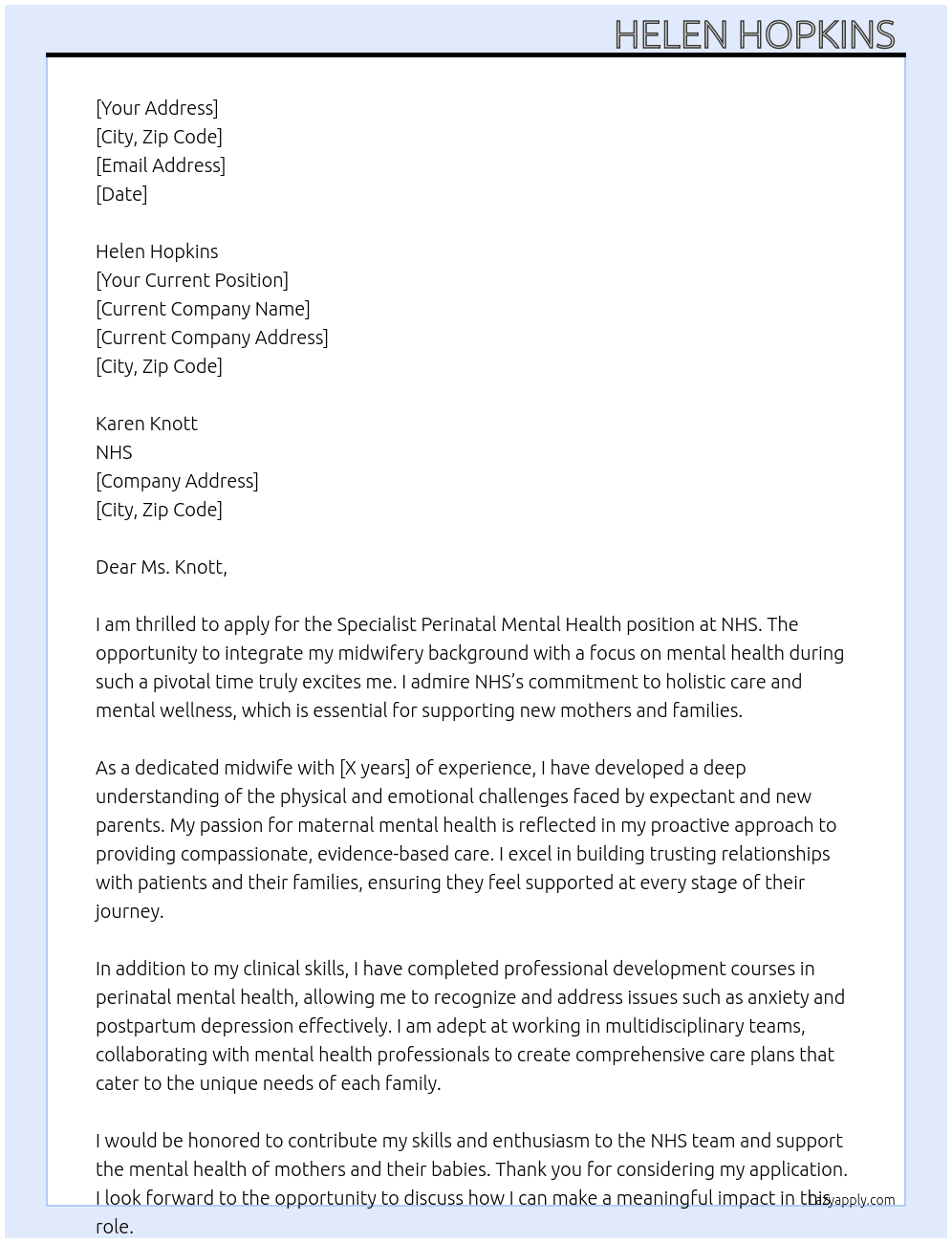 Cover letter for specialist perinatal mental health - LazyApply