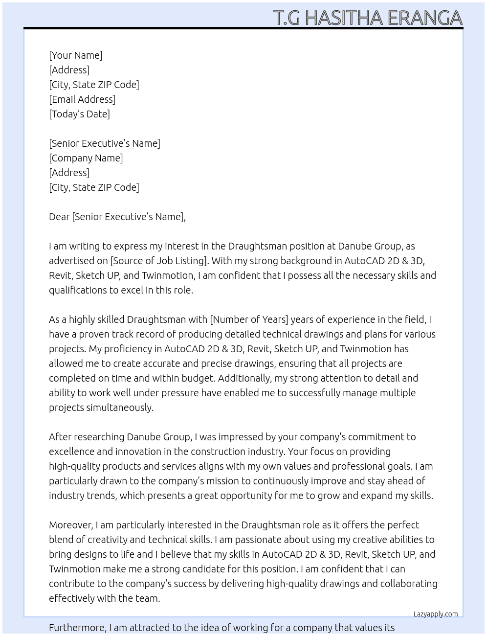 Draughtsman  At Danube Group Cover Letter