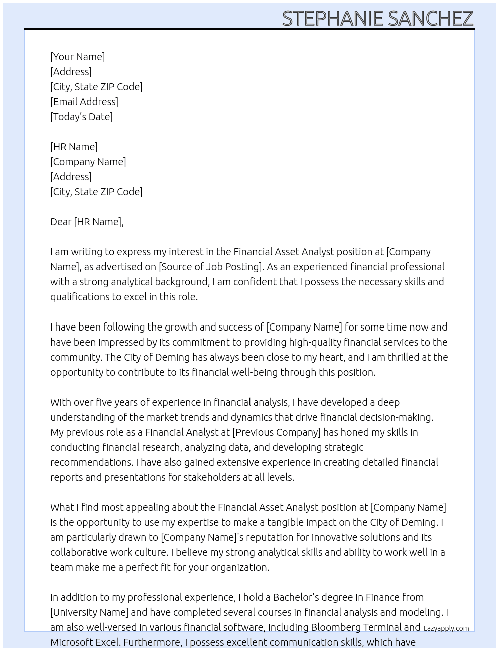 Financial Asset Anaylst At City of Deming Cover Letter
