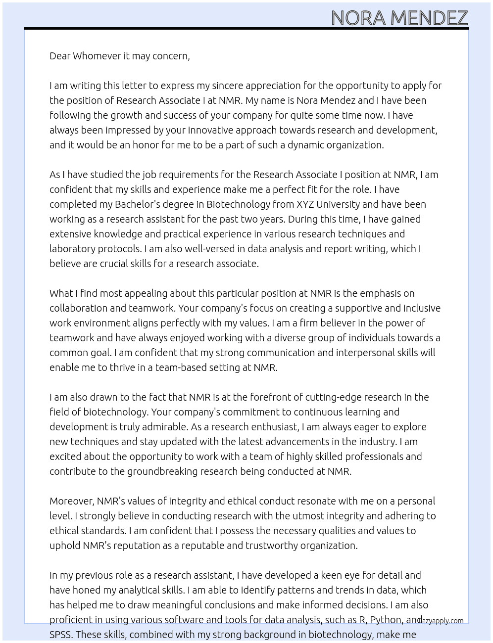 Research Associate I At NMR Cover Letter