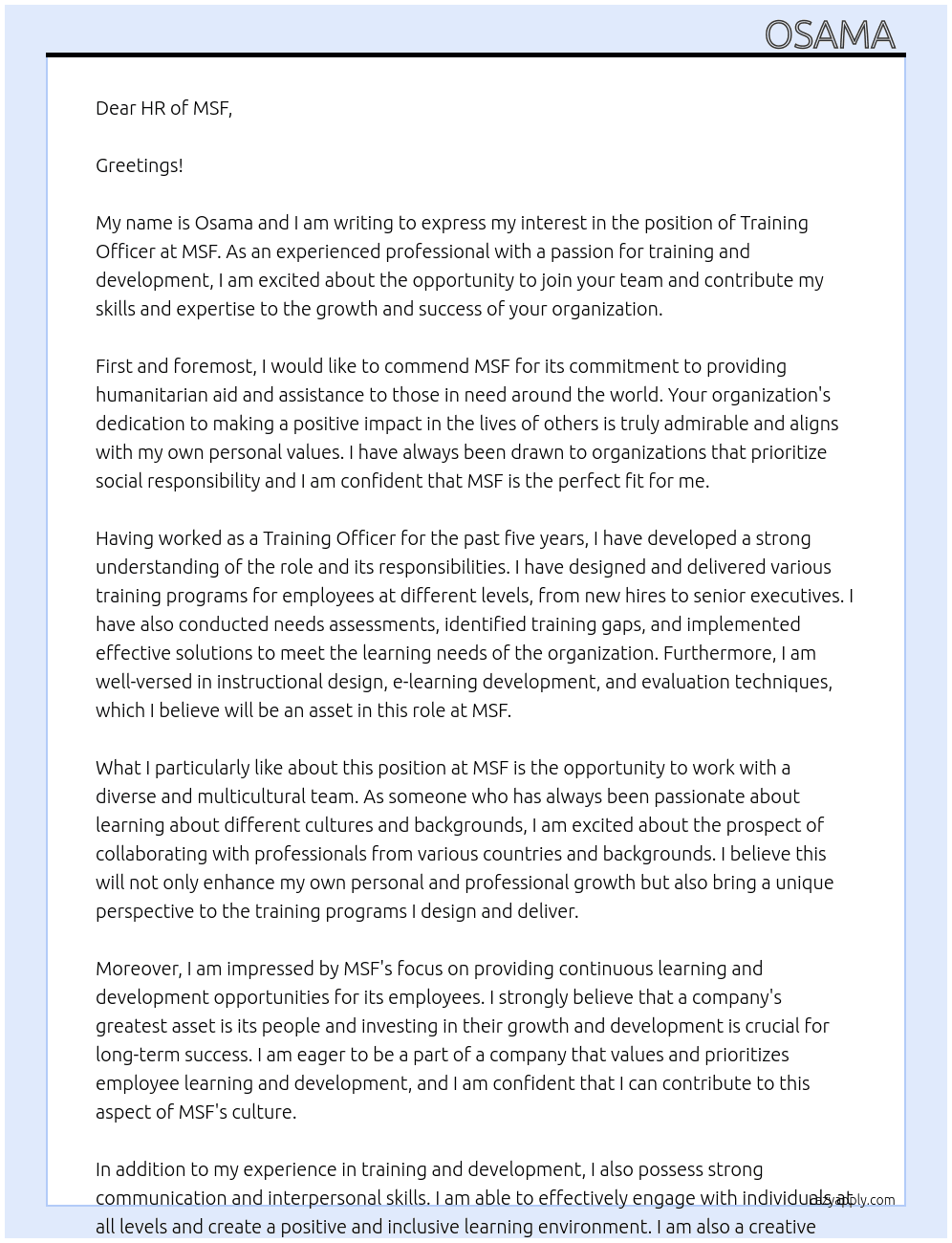 Training Officer  At MSF Cover Letter