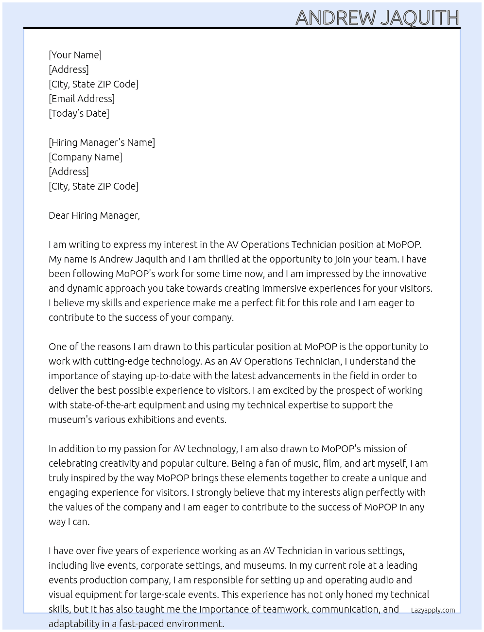 AV Operations Technician At MoPOP Cover Letter